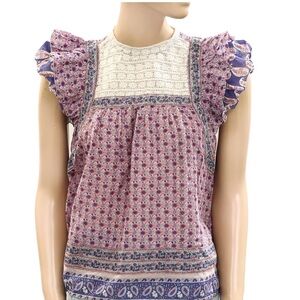Sea New York Purple Floral Lace Yoke Flutter Sleeve Top